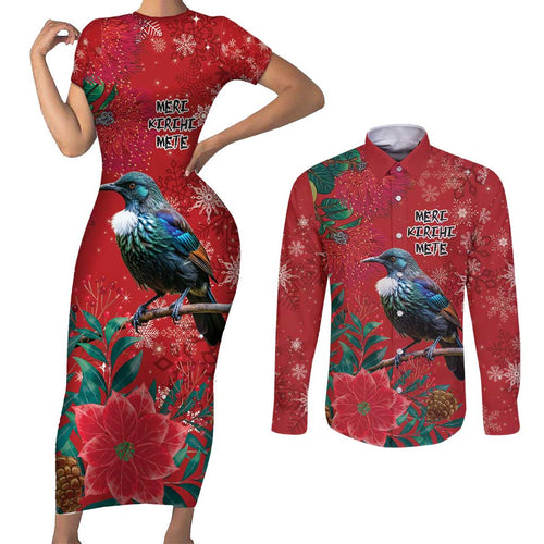 Tui Meri Kirihimete Personalised Couples Matching Short Sleeve Bodycon Dress and Long Sleeve Button Shirt Pohutukawa Flowers Red Motif - Aussie Hoodie