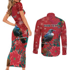 Tui Meri Kirihimete Personalised Couples Matching Short Sleeve Bodycon Dress and Long Sleeve Button Shirt Pohutukawa Flowers Red Motif - Aussie Hoodie