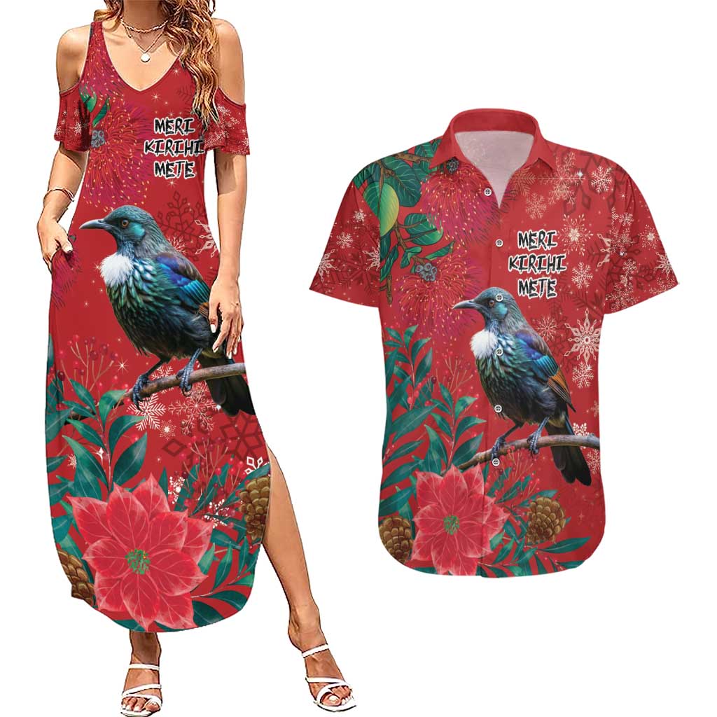 Tui Meri Kirihimete Personalised Couples Matching Summer Maxi Dress and Hawaiian Shirt Pohutukawa Flowers Red Motif - Aussie Hoodie