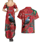 Tui Meri Kirihimete Personalised Couples Matching Summer Maxi Dress and Hawaiian Shirt Pohutukawa Flowers Red Motif - Aussie Hoodie