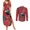 Tui Meri Kirihimete Personalised Couples Matching Summer Maxi Dress and Long Sleeve Button Shirt Pohutukawa Flowers Red Motif - Aussie Hoodie