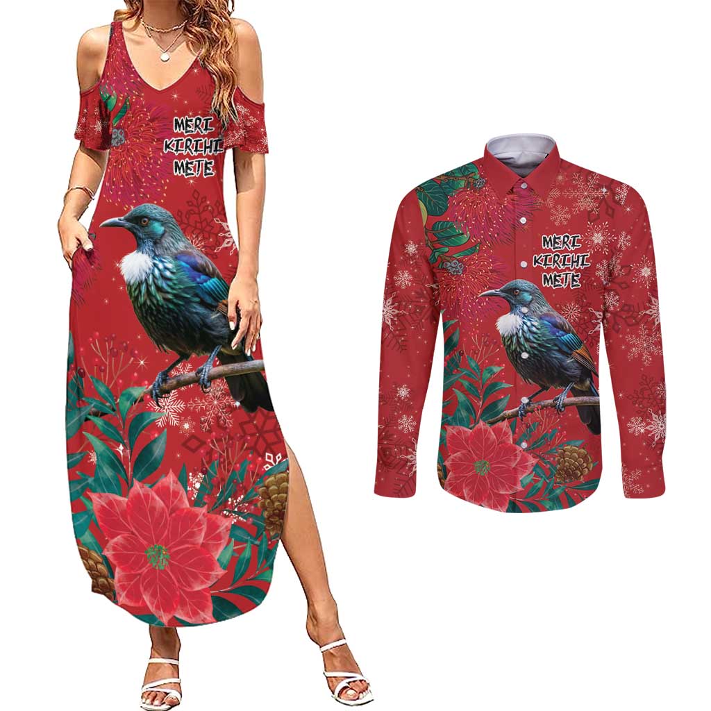 Tui Meri Kirihimete Personalised Couples Matching Summer Maxi Dress and Long Sleeve Button Shirt Pohutukawa Flowers Red Motif - Aussie Hoodie