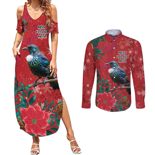 Tui Meri Kirihimete Personalised Couples Matching Summer Maxi Dress and Long Sleeve Button Shirt Pohutukawa Flowers Red Motif - Aussie Hoodie
