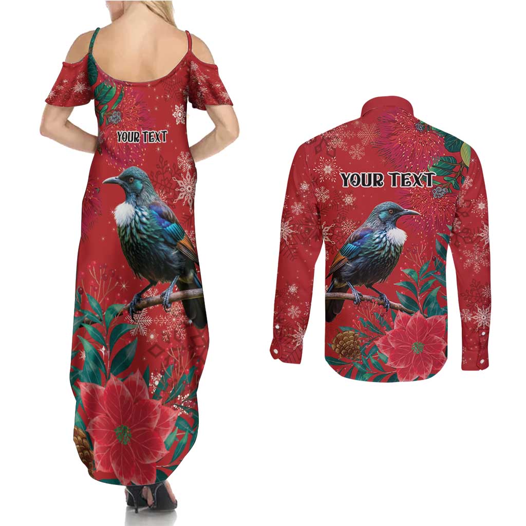Tui Meri Kirihimete Personalised Couples Matching Summer Maxi Dress and Long Sleeve Button Shirt Pohutukawa Flowers Red Motif - Aussie Hoodie