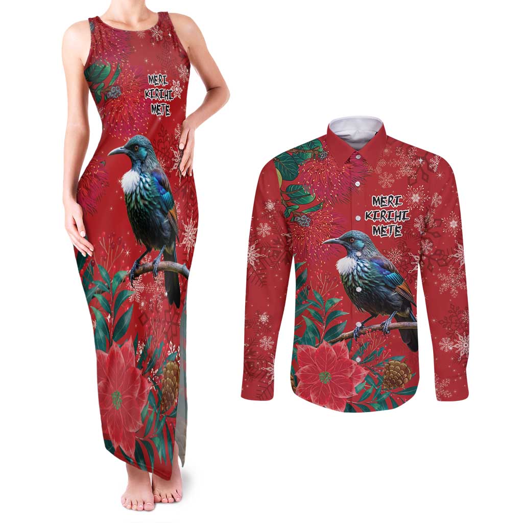 Tui Meri Kirihimete Personalised Couples Matching Tank Maxi Dress and Long Sleeve Button Shirt Pohutukawa Flowers Red Motif - Aussie Hoodie