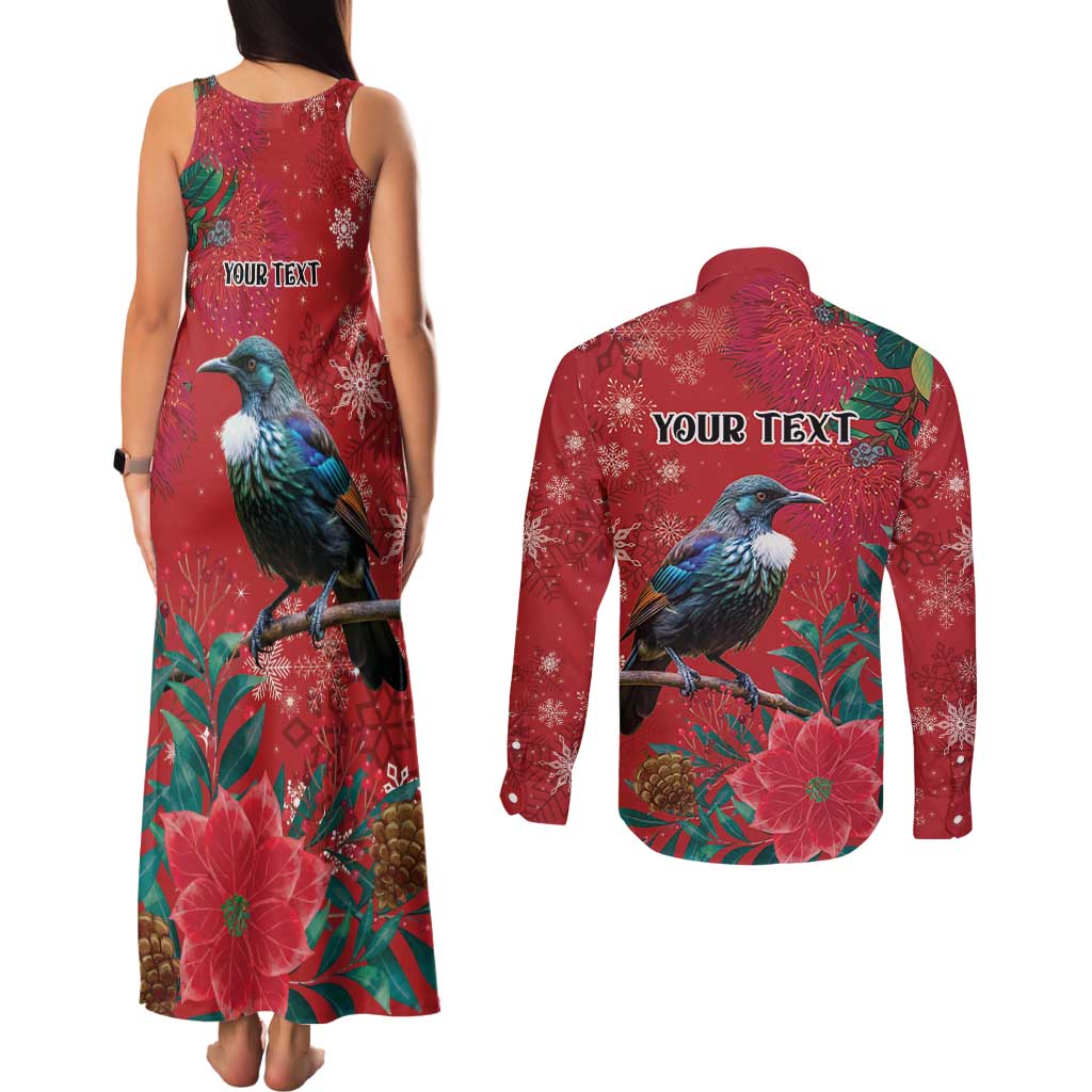 Tui Meri Kirihimete Personalised Couples Matching Tank Maxi Dress and Long Sleeve Button Shirt Pohutukawa Flowers Red Motif - Aussie Hoodie
