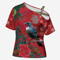 Tui Meri Kirihimete Personalised Cross Shoulder Shirt Pohutukawa Flowers Red Motif - Aussie Hoodie