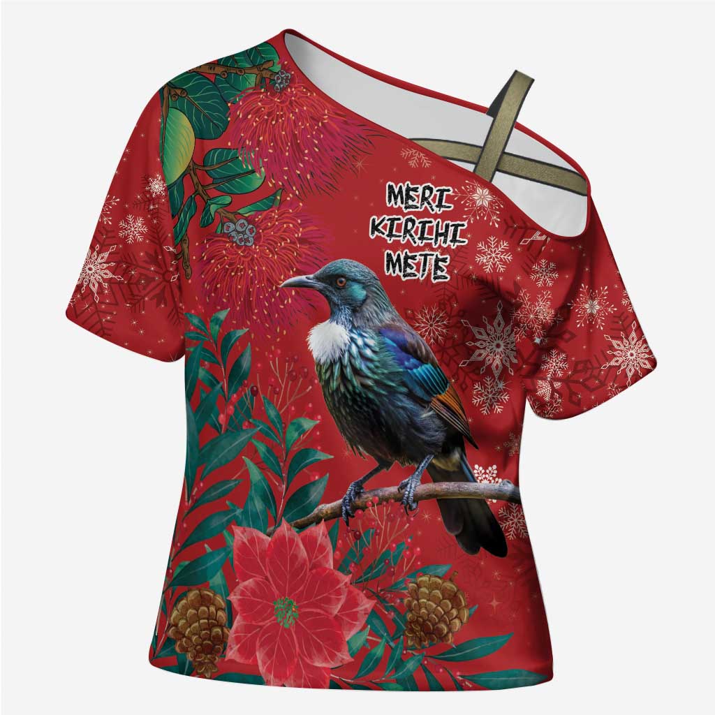 Tui Meri Kirihimete Personalised Cross Shoulder Shirt Pohutukawa Flowers Red Motif - Aussie Hoodie