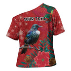 Tui Meri Kirihimete Personalised Cross Shoulder Shirt Pohutukawa Flowers Red Motif - Aussie Hoodie