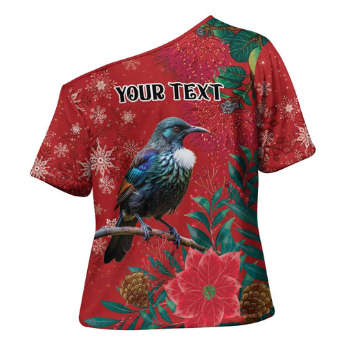 Tui Meri Kirihimete Personalised Cross Shoulder Shirt Pohutukawa Flowers Red Motif - Aussie Hoodie