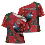 Tui Meri Kirihimete Personalised Cross Shoulder Shirt Pohutukawa Flowers Red Motif - Aussie Hoodie