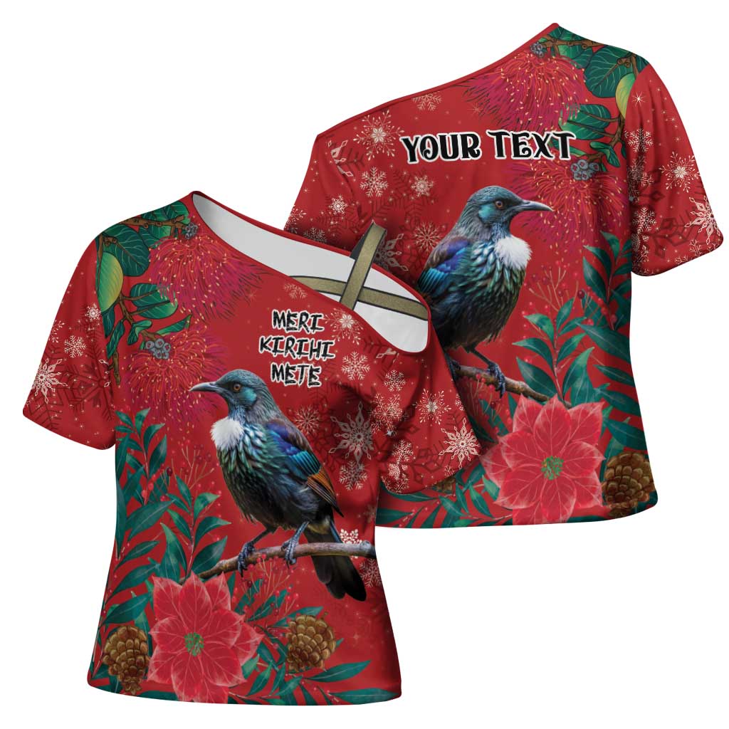Tui Meri Kirihimete Personalised Cross Shoulder Shirt Pohutukawa Flowers Red Motif - Aussie Hoodie