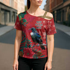 Tui Meri Kirihimete Personalised Cross Shoulder Shirt Pohutukawa Flowers Red Motif - Aussie Hoodie