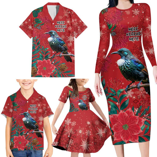 Tui Meri Kirihimete Personalised Family Matching Long Sleeve Bodycon Dress and Hawaiian Shirt Pohutukawa Flowers Red Motif - Aussie Hoodie