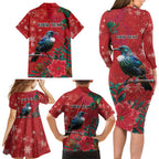 Tui Meri Kirihimete Personalised Family Matching Long Sleeve Bodycon Dress and Hawaiian Shirt Pohutukawa Flowers Red Motif - Aussie Hoodie