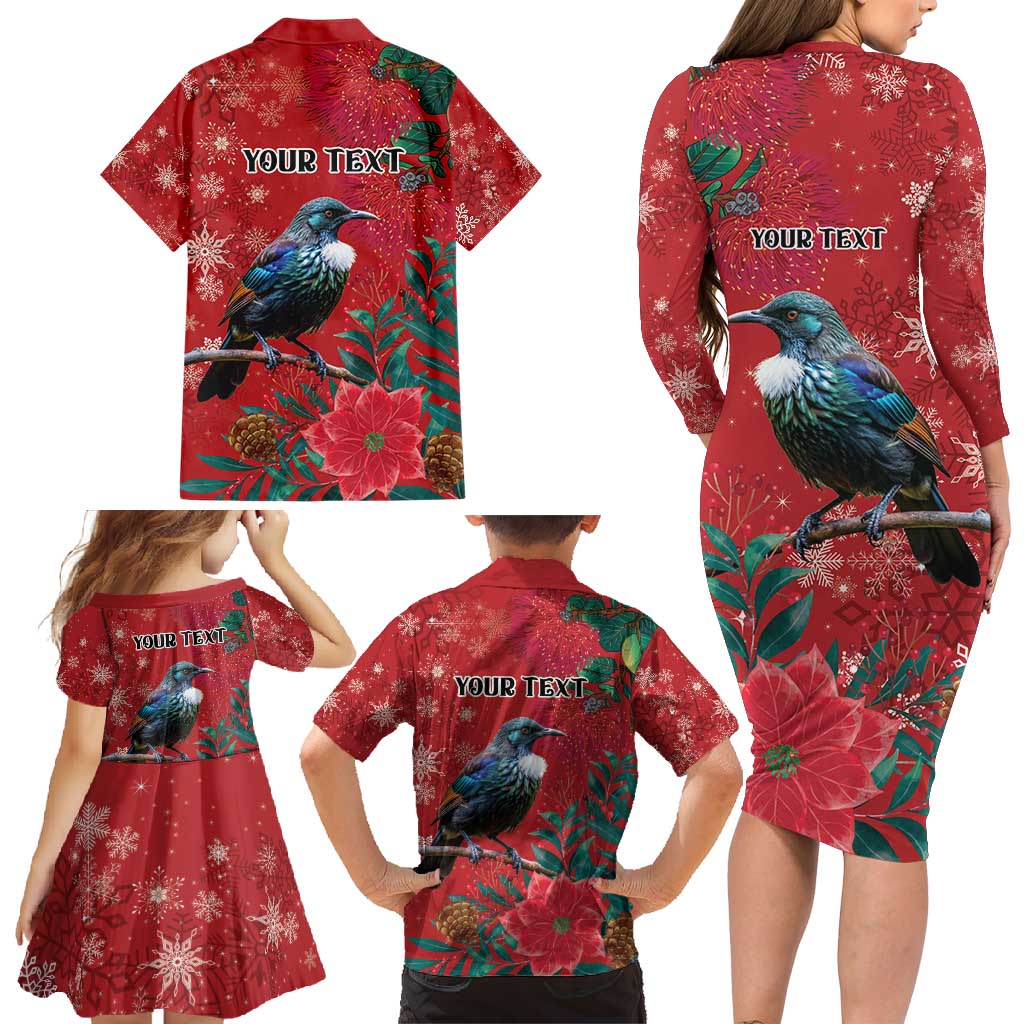 Tui Meri Kirihimete Personalised Family Matching Long Sleeve Bodycon Dress and Hawaiian Shirt Pohutukawa Flowers Red Motif - Aussie Hoodie