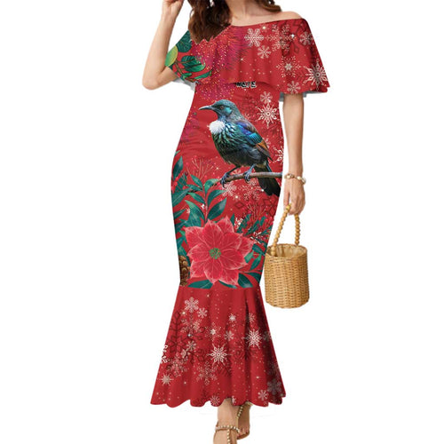 Tui Meri Kirihimete Personalised Family Matching Mermaid Dress and Hawaiian Shirt Pohutukawa Flowers Red Motif - Aussie Hoodie