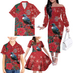 Tui Meri Kirihimete Personalised Family Matching Off The Shoulder Long Sleeve Dress and Hawaiian Shirt Pohutukawa Flowers Red Motif - Aussie Hoodie