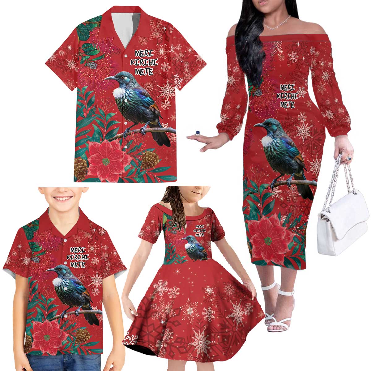 Tui Meri Kirihimete Personalised Family Matching Off The Shoulder Long Sleeve Dress and Hawaiian Shirt Pohutukawa Flowers Red Motif - Aussie Hoodie