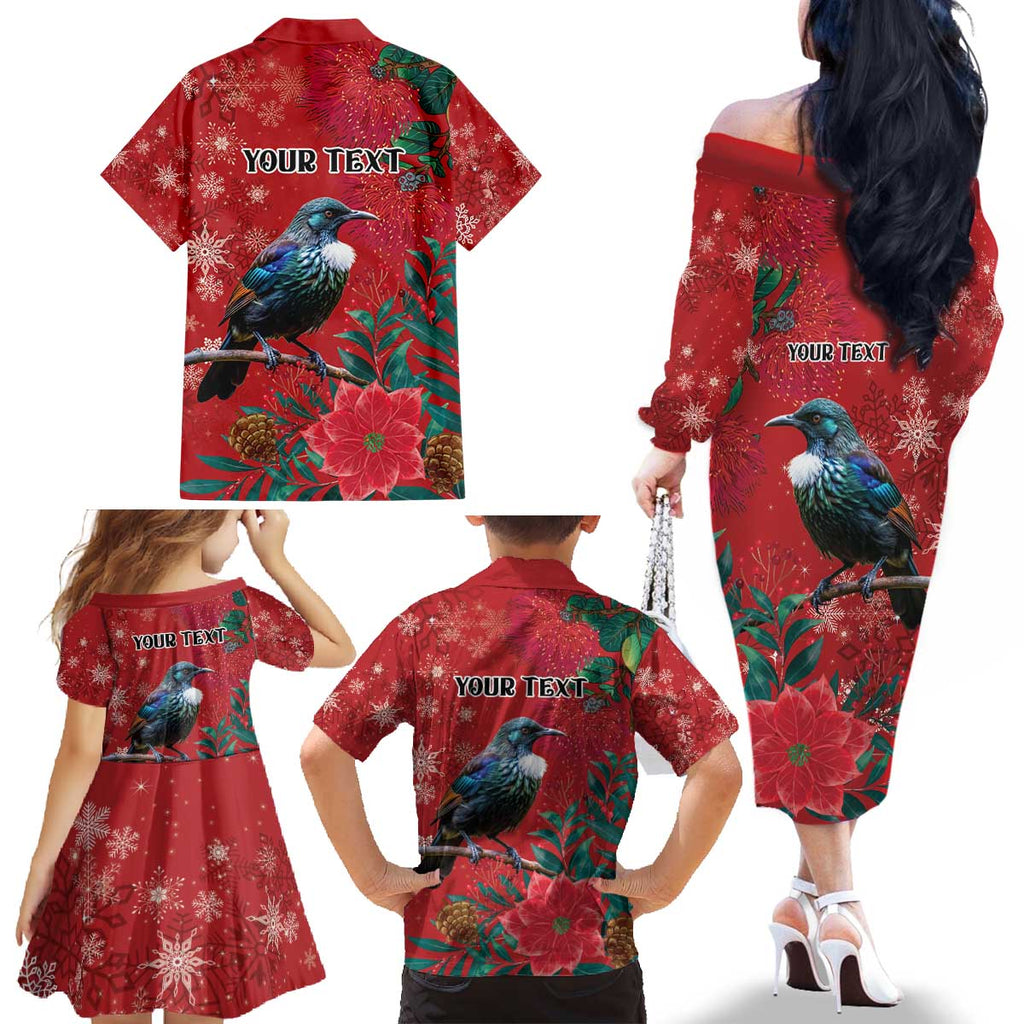 Tui Meri Kirihimete Personalised Family Matching Off The Shoulder Long Sleeve Dress and Hawaiian Shirt Pohutukawa Flowers Red Motif - Aussie Hoodie