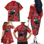 Tui Meri Kirihimete Personalised Family Matching Off The Shoulder Long Sleeve Dress and Hawaiian Shirt Pohutukawa Flowers Red Motif - Aussie Hoodie