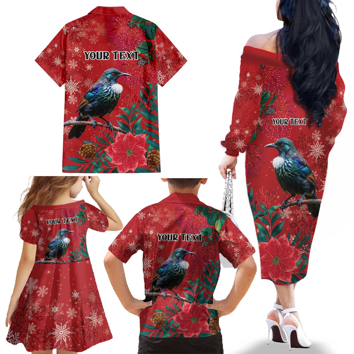 Tui Meri Kirihimete Personalised Family Matching Off The Shoulder Long Sleeve Dress and Hawaiian Shirt Pohutukawa Flowers Red Motif - Aussie Hoodie