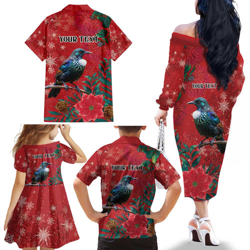 Tui Meri Kirihimete Personalised Family Matching Off The Shoulder Long Sleeve Dress and Hawaiian Shirt Pohutukawa Flowers Red Motif - Aussie Hoodie