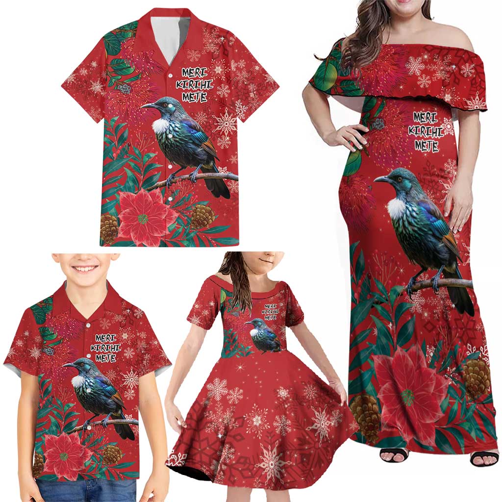 Tui Meri Kirihimete Personalised Family Matching Off Shoulder Maxi Dress and Hawaiian Shirt Pohutukawa Flowers Red Motif - Aussie Hoodie