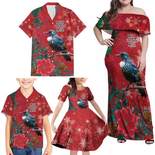 Tui Meri Kirihimete Personalised Family Matching Off Shoulder Maxi Dress and Hawaiian Shirt Pohutukawa Flowers Red Motif - Aussie Hoodie