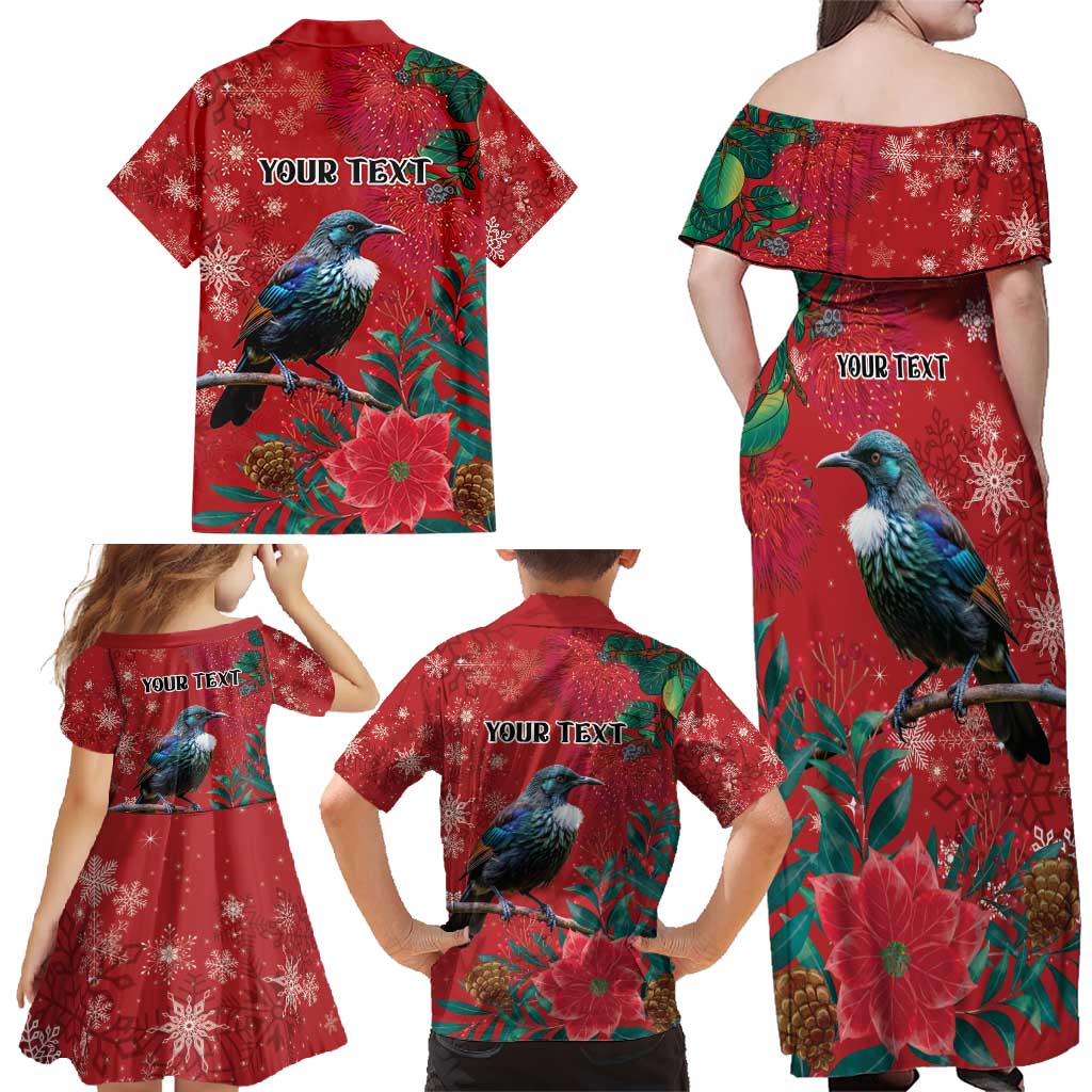 Tui Meri Kirihimete Personalised Family Matching Off Shoulder Maxi Dress and Hawaiian Shirt Pohutukawa Flowers Red Motif - Aussie Hoodie