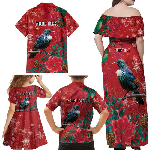 Tui Meri Kirihimete Personalised Family Matching Off Shoulder Maxi Dress and Hawaiian Shirt Pohutukawa Flowers Red Motif - Aussie Hoodie