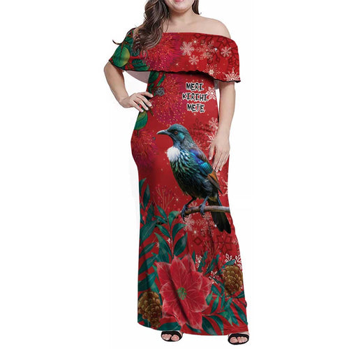 Tui Meri Kirihimete Personalised Family Matching Off Shoulder Maxi Dress and Hawaiian Shirt Pohutukawa Flowers Red Motif - Aussie Hoodie