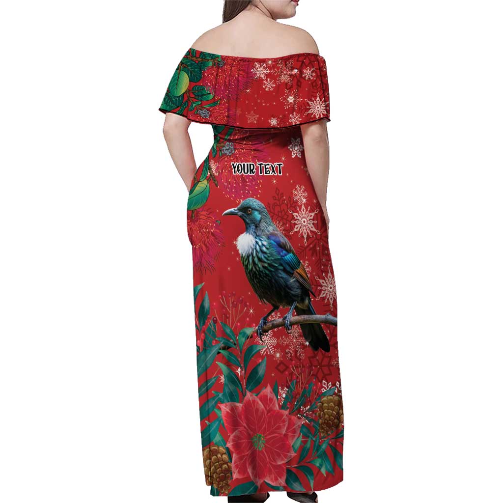 Tui Meri Kirihimete Personalised Family Matching Off Shoulder Maxi Dress and Hawaiian Shirt Pohutukawa Flowers Red Motif - Aussie Hoodie