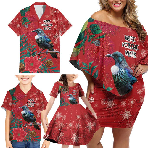 Tui Meri Kirihimete Personalised Family Matching Off Shoulder Short Dress and Hawaiian Shirt Pohutukawa Flowers Red Motif - Aussie Hoodie
