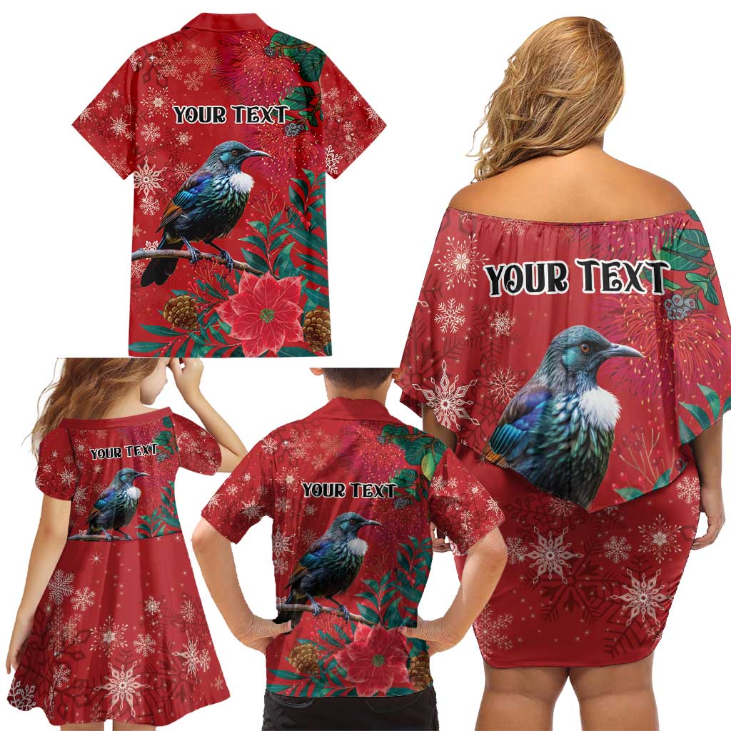 Tui Meri Kirihimete Personalised Family Matching Off Shoulder Short Dress and Hawaiian Shirt Pohutukawa Flowers Red Motif - Aussie Hoodie