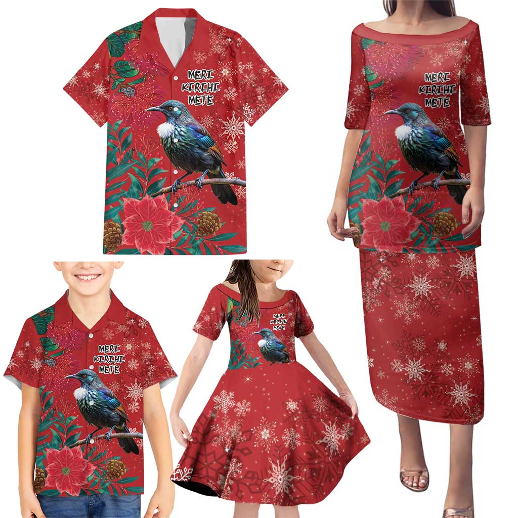 Tui Meri Kirihimete Personalised Family Matching Puletasi and Hawaiian Shirt Pohutukawa Flowers Red Motif - Aussie Hoodie