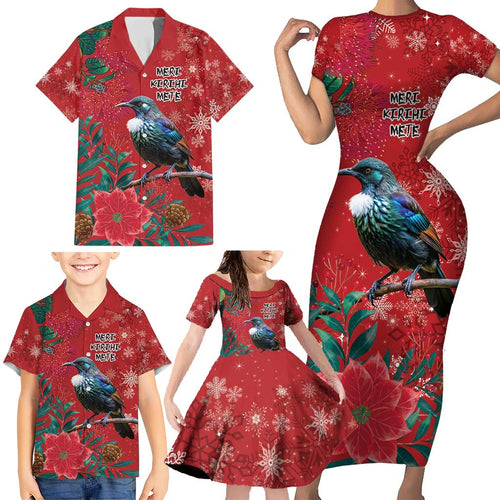 Tui Meri Kirihimete Personalised Family Matching Short Sleeve Bodycon Dress and Hawaiian Shirt Pohutukawa Flowers Red Motif - Aussie Hoodie