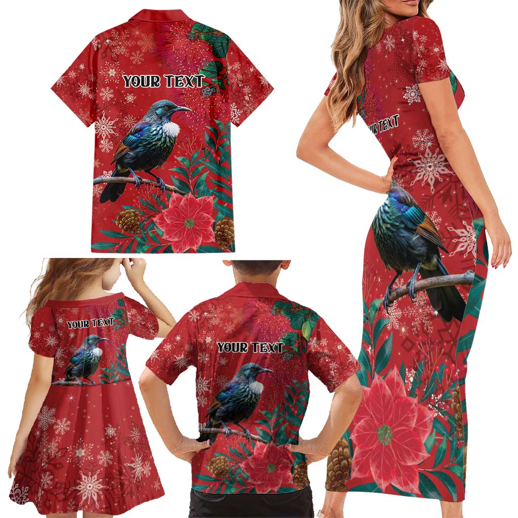 Tui Meri Kirihimete Personalised Family Matching Short Sleeve Bodycon Dress and Hawaiian Shirt Pohutukawa Flowers Red Motif - Aussie Hoodie