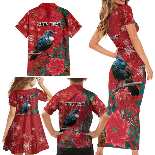 Tui Meri Kirihimete Personalised Family Matching Short Sleeve Bodycon Dress and Hawaiian Shirt Pohutukawa Flowers Red Motif - Aussie Hoodie