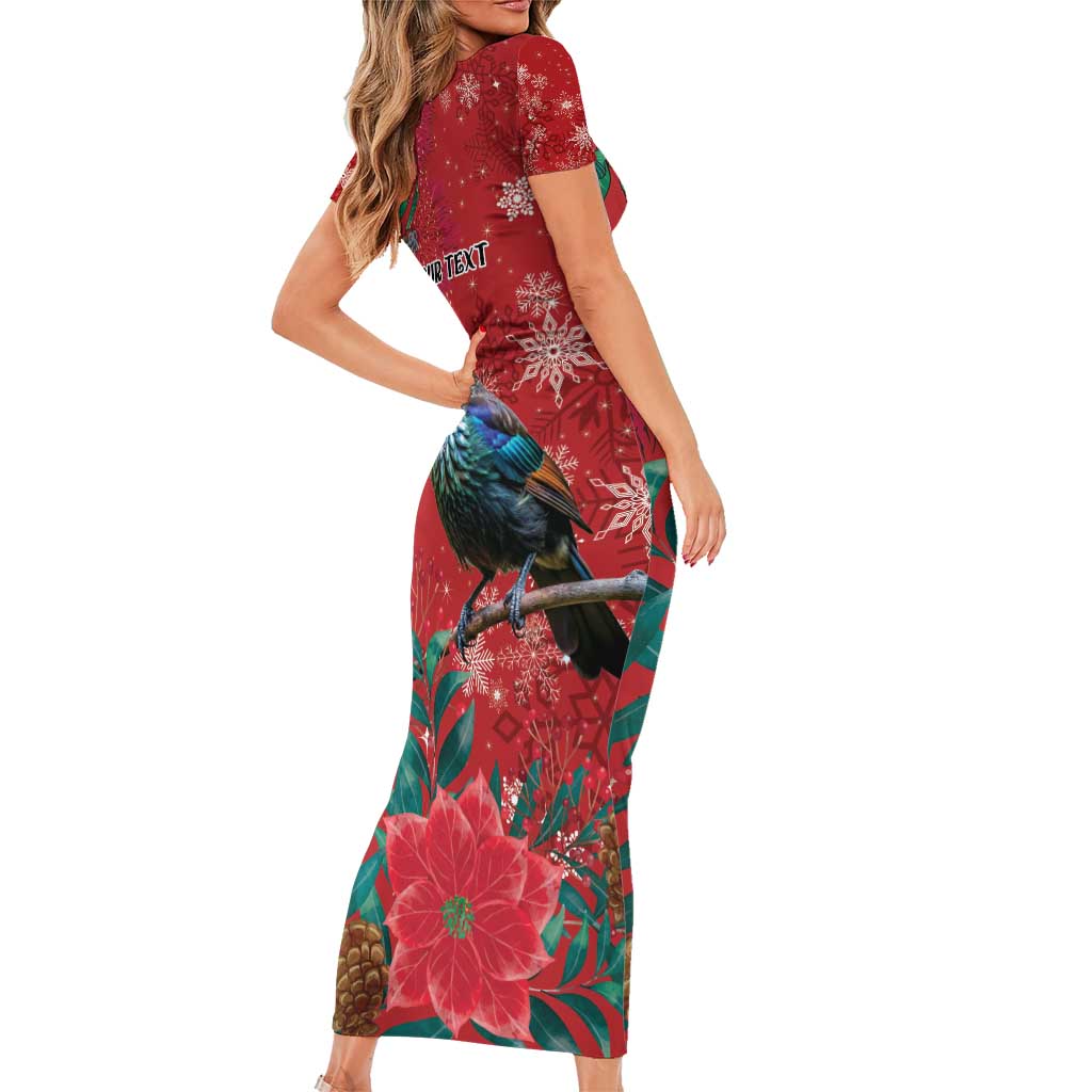 Tui Meri Kirihimete Personalised Family Matching Short Sleeve Bodycon Dress and Hawaiian Shirt Pohutukawa Flowers Red Motif - Aussie Hoodie