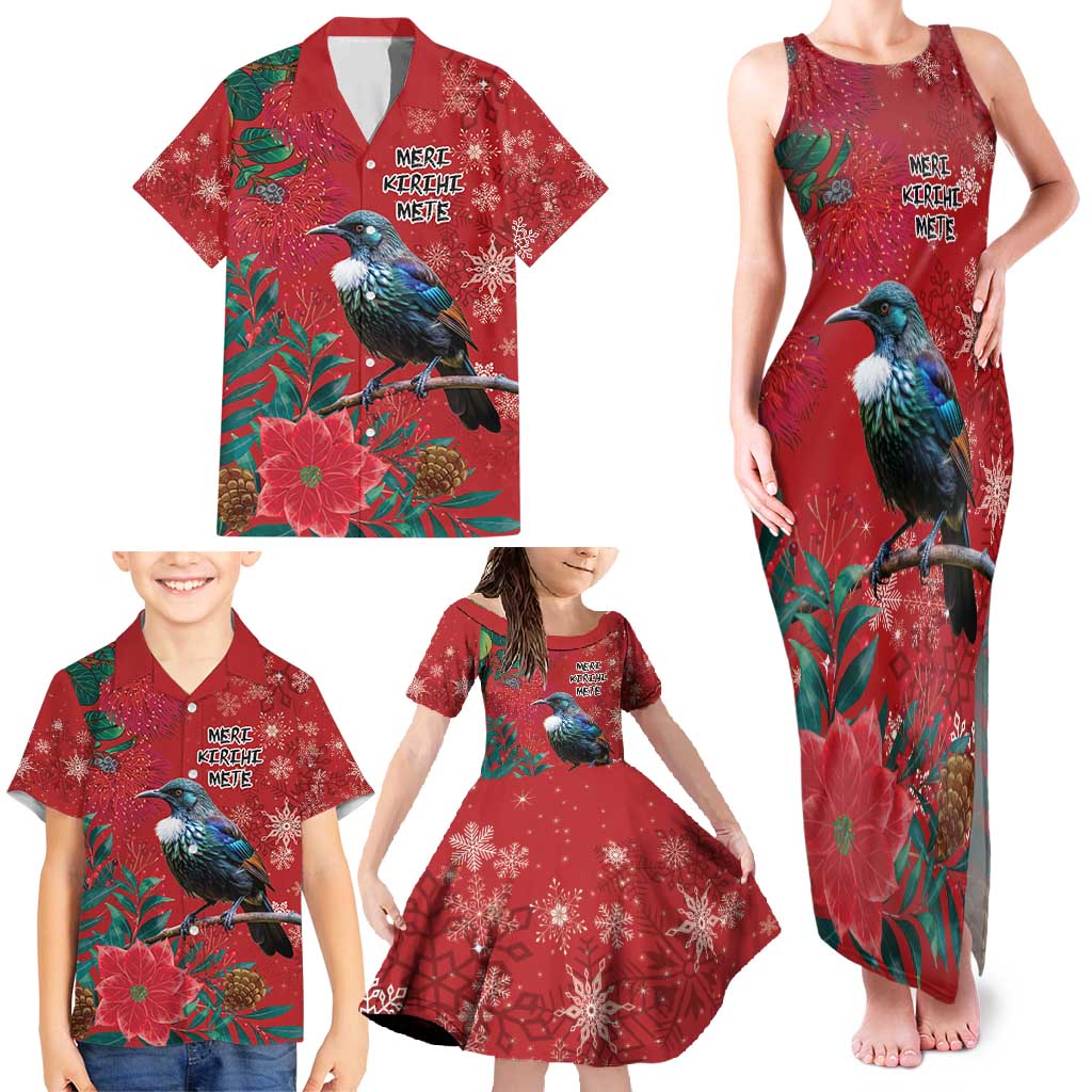 Tui Meri Kirihimete Personalised Family Matching Tank Maxi Dress and Hawaiian Shirt Pohutukawa Flowers Red Motif - Aussie Hoodie