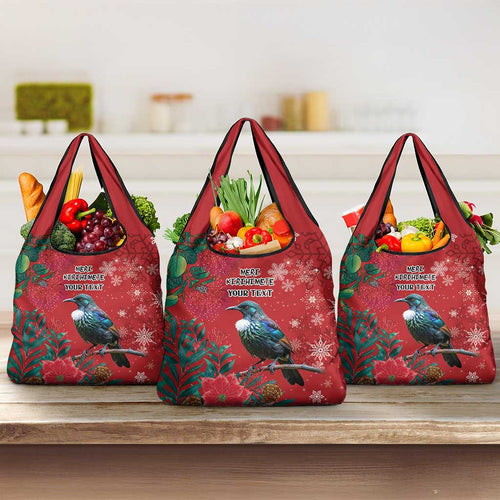 Tui Meri Kirihimete Personalised Grocery Bag Pohutukawa Flowers Red Motif - Aussie Hoodie