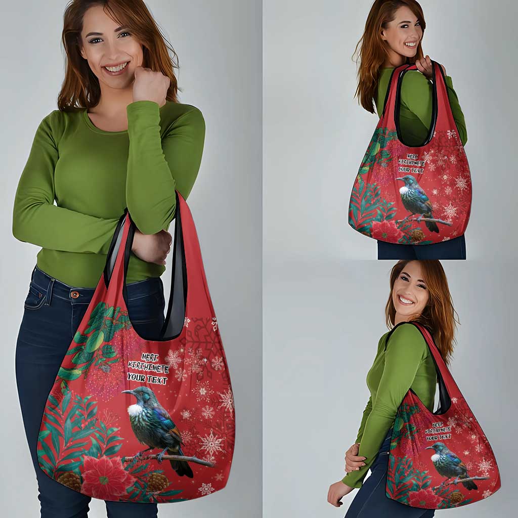 Tui Meri Kirihimete Personalised Grocery Bag Pohutukawa Flowers Red Motif - Aussie Hoodie