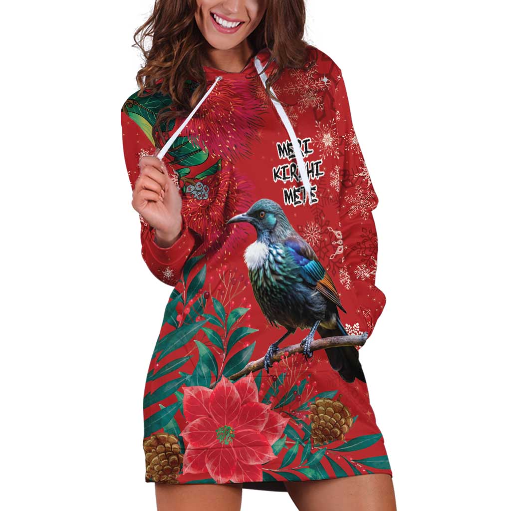 Tui Meri Kirihimete Personalised Hoodie Dress Pohutukawa Flowers Red Motif - Aussie Hoodie