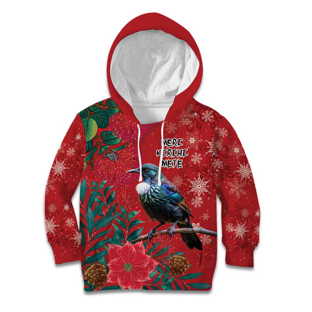 Tui Meri Kirihimete Personalised Kid Hoodie Pohutukawa Flowers Red Motif - Aussie Hoodie