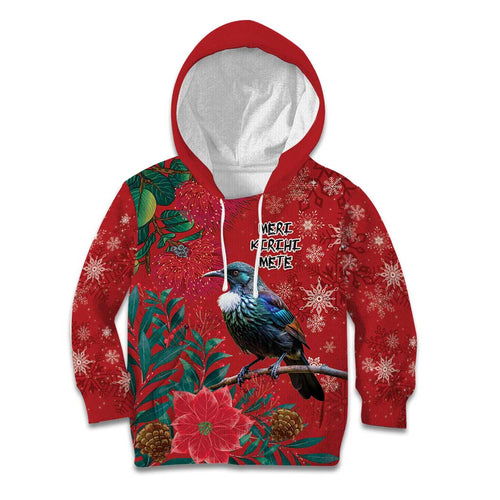Tui Meri Kirihimete Personalised Kid Hoodie Pohutukawa Flowers Red Motif - Aussie Hoodie