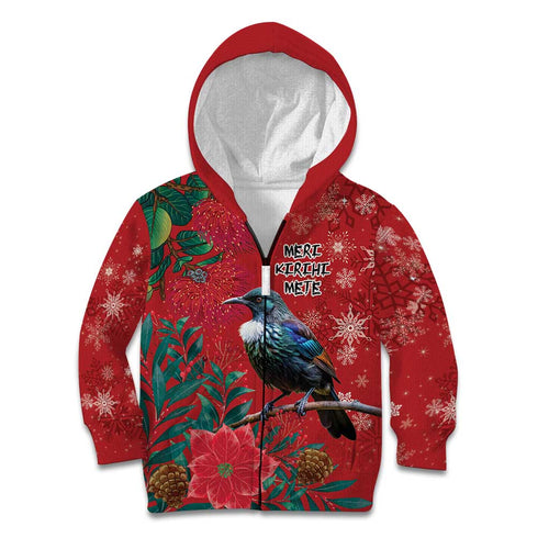 Tui Meri Kirihimete Personalised Kid Hoodie Pohutukawa Flowers Red Motif - Aussie Hoodie