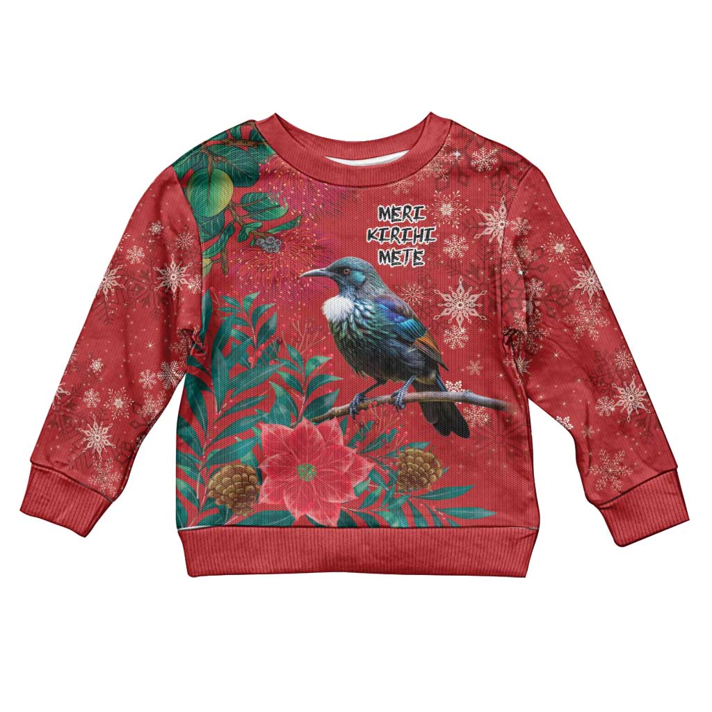 Tui Meri Kirihimete Personalised Kid Ugly Christmas Sweater Pohutukawa Flowers Red Motif - Aussie Hoodie