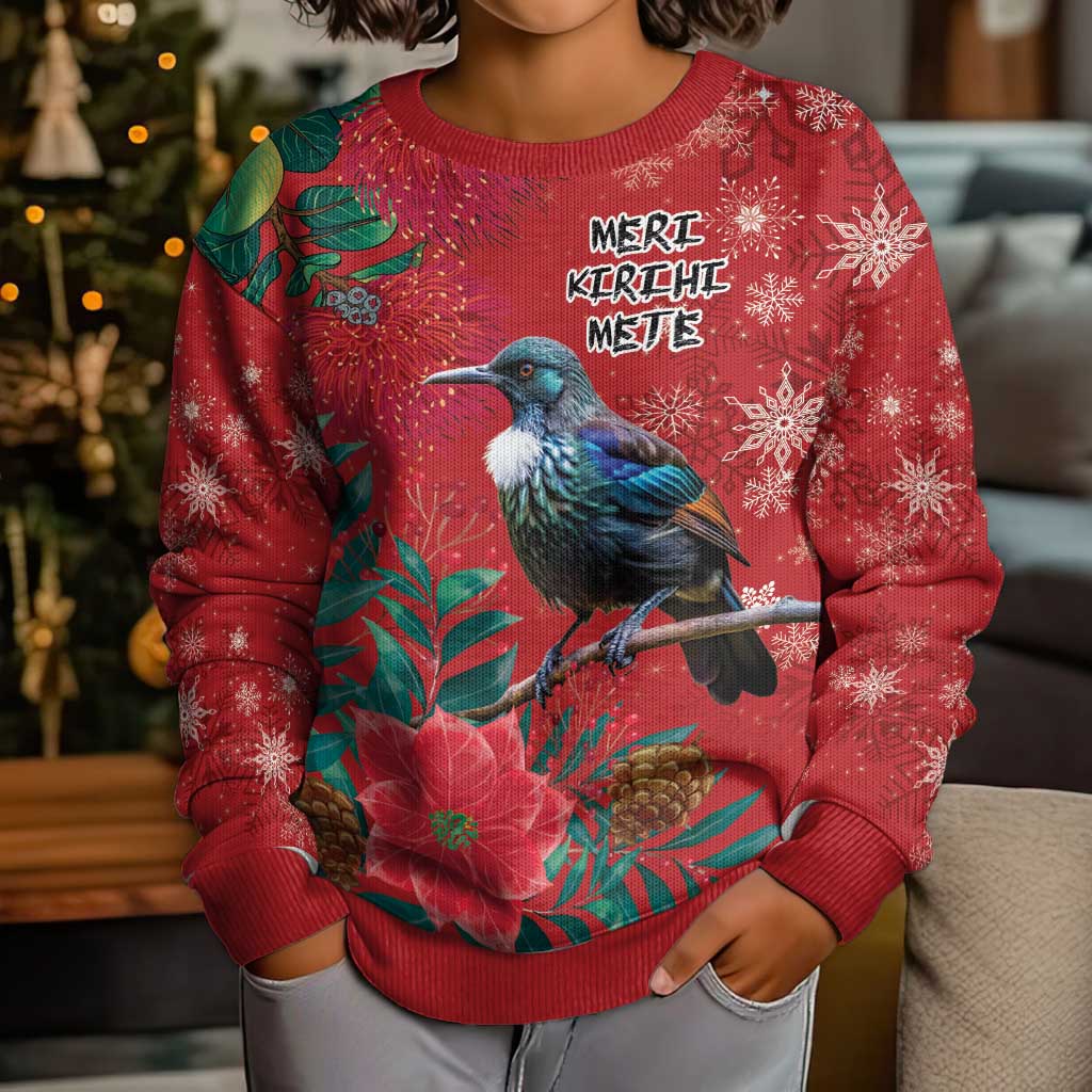 Tui Meri Kirihimete Personalised Kid Ugly Christmas Sweater Pohutukawa Flowers Red Motif - Aussie Hoodie