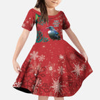 Tui Meri Kirihimete Personalised Kid Short Sleeve Dress Pohutukawa Flowers Red Motif - Aussie Hoodie